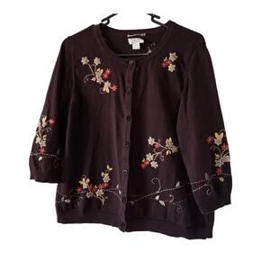 VTG Christopher & Banks XL Hand Embroidered Cardigan Fall Brown Floral